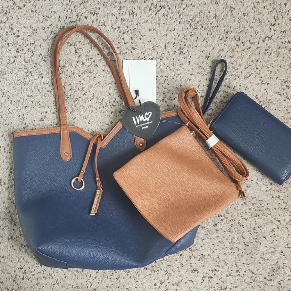 Blue and Tan Women's Tote Bag Set